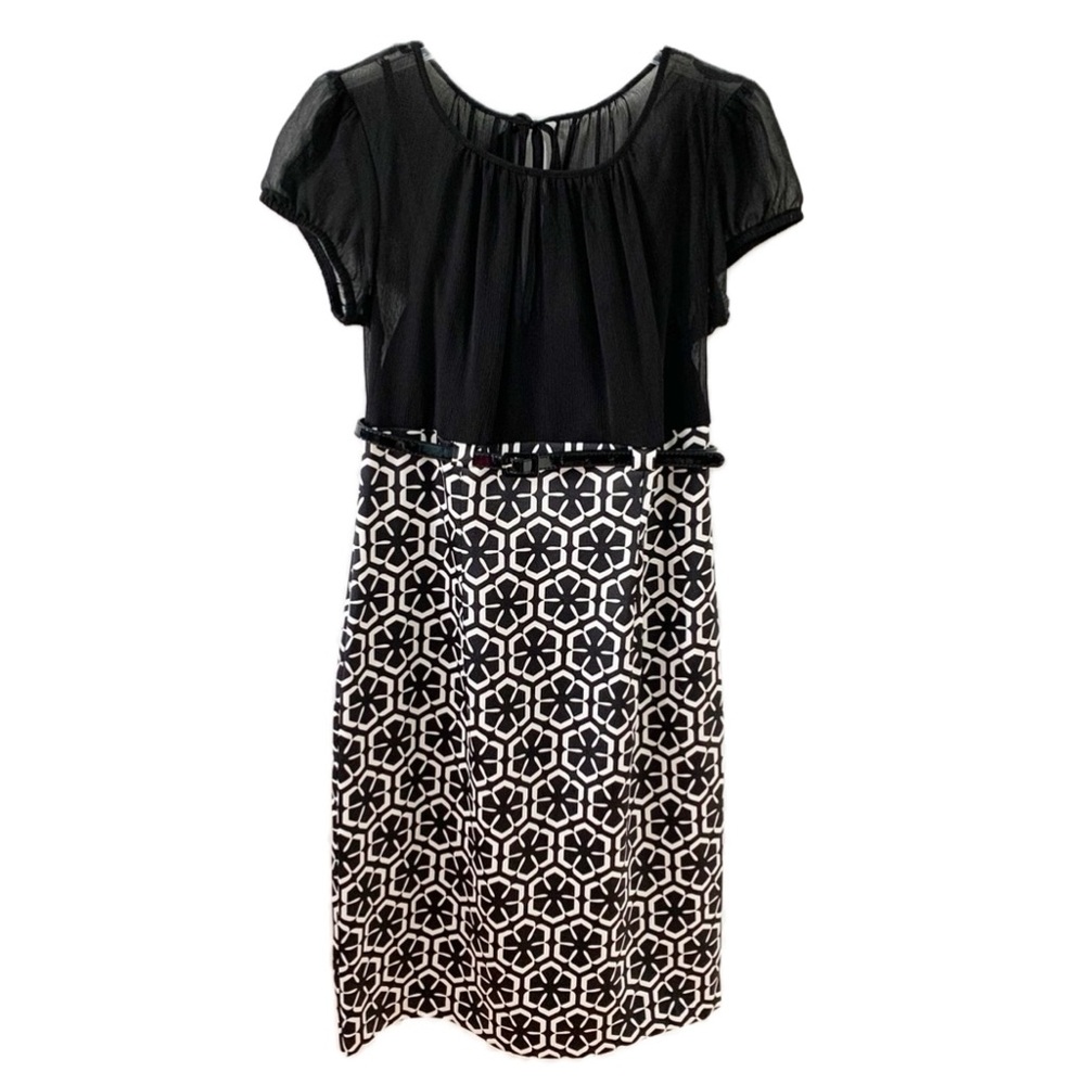 Alyx Fitted One Piece Dress Black Sheer Top Attached Cami Belted Geometrical⚫️⚪️